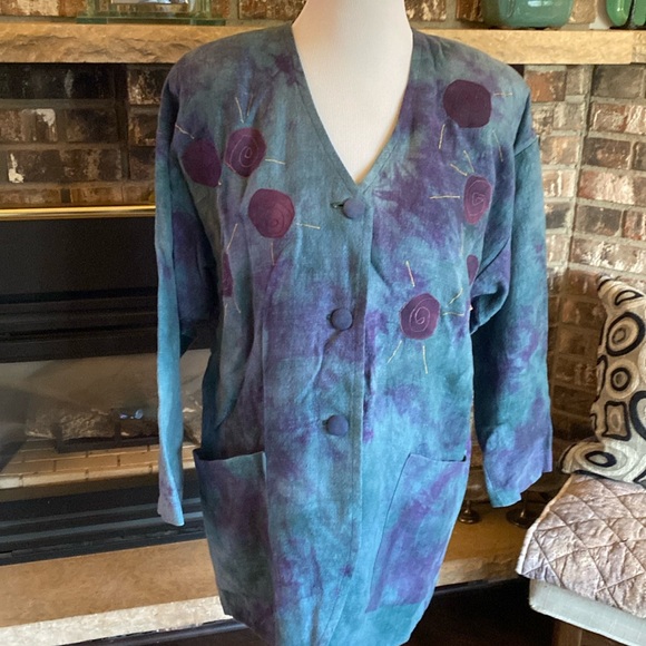 Anna Carlson Jackets & Blazers - ARTISAN ANNA CARLSON amazing linen appliqué embroidered jacket!! Size M oversize